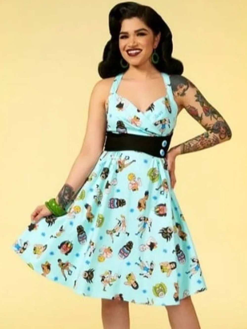 Pinup Couture Aqua Novelty Halter Swing Dress with Black Waistband